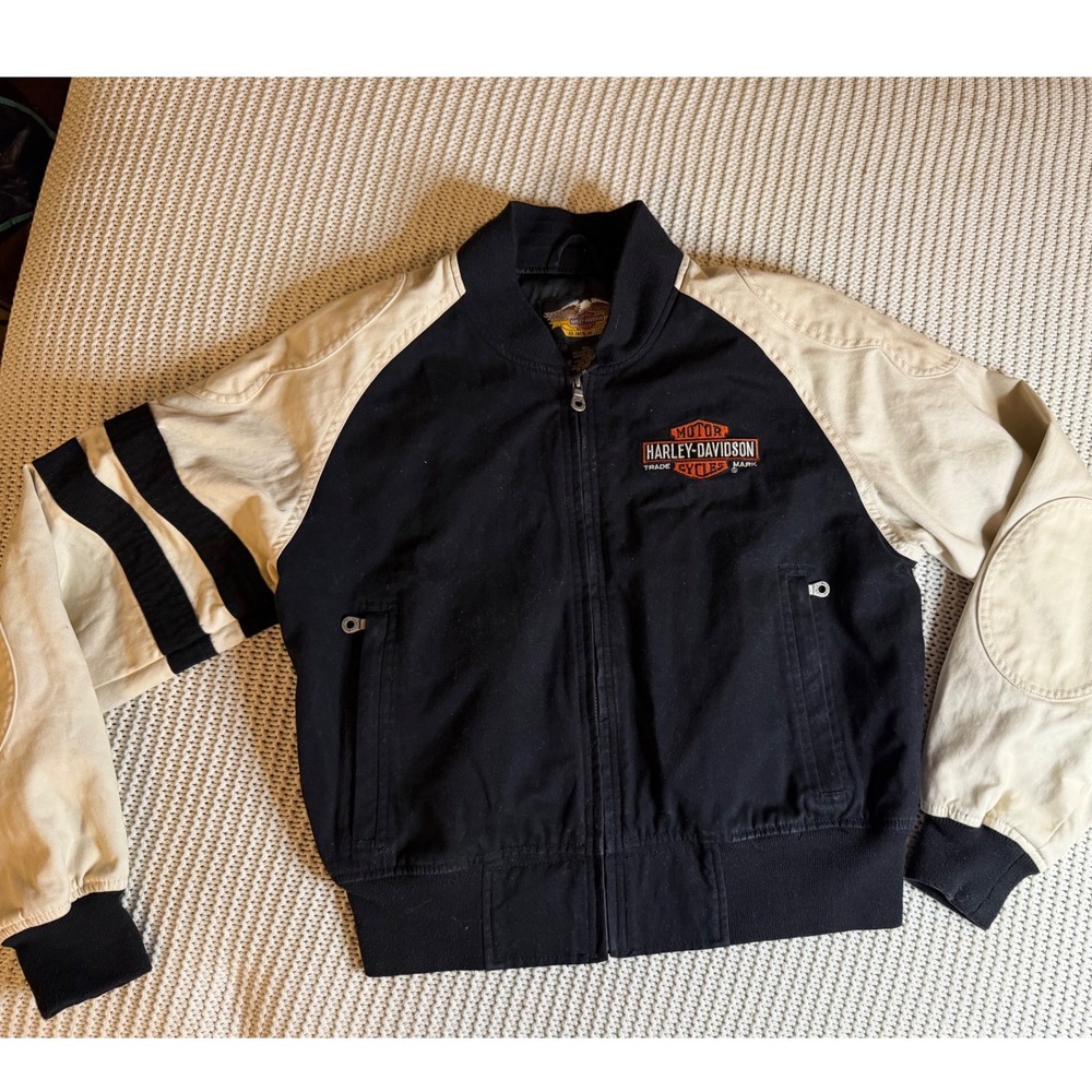 Harley Davidson V-Twin Power Bomber Jacket Black Cream Cotton Canvas Womens M